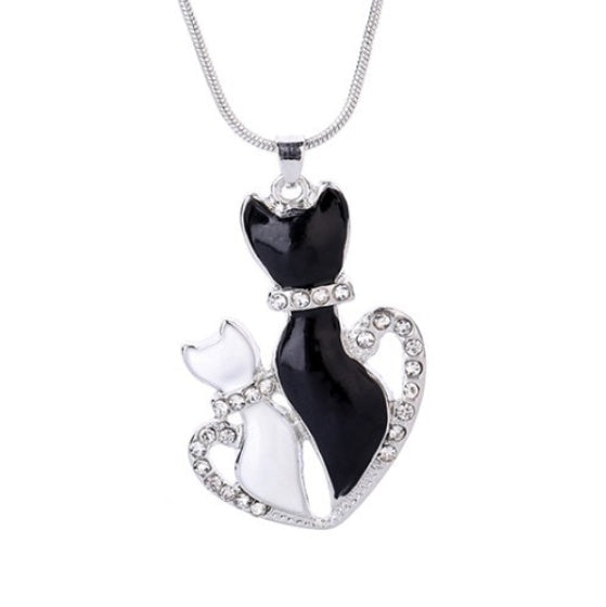 Cats in Love Heart Necklace – Black & White Crystal Pendant
