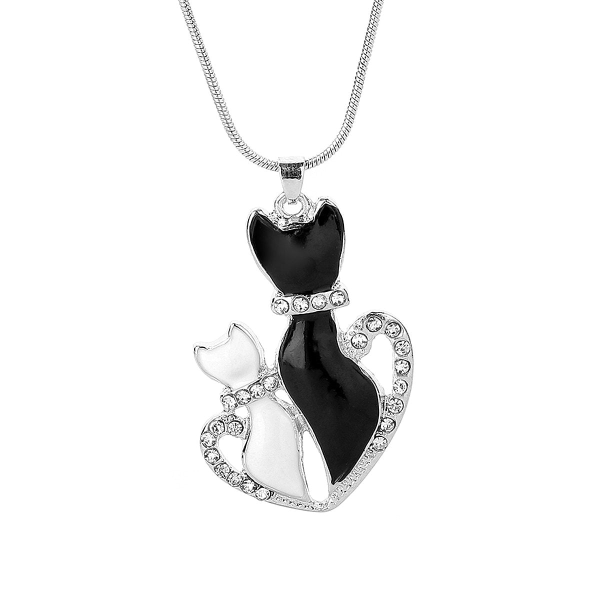Cats in Love Heart Necklace – Black & White Crystal Pendant